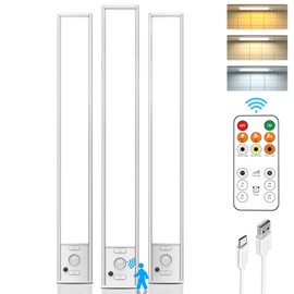 Under Cabinet Lights with Remote Control,12 inch Rechargeable 2500mAh Battery 350 Lumen Motion Sensor Indoor Light,3Pack Wireless Under Counter Light,3 Color Dimmable Closet Light for Kitchen,Wardrobe