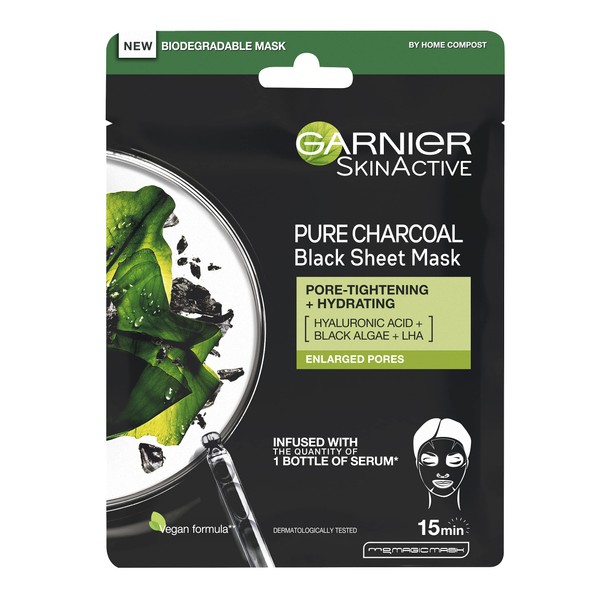 Garnier Pure Charcoal and Algae Sheet Mask, Purifying and Hydrating Face Mask With Hyaluronic Acid, LHA & Black Algae, Tightens Enlarged Pores & Purifies Skin, Biodegradable & Vegan Tissue 28g