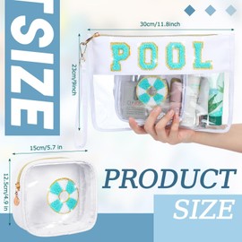 SUILU 2 Pcs Pool Bag Cosmetic Makeup Bag with Chenille Letter Patch,with Handles PVC Waterproof Clear Makeup Bag,Portable Toiletry Storage Bag