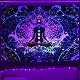 JAWO Blacklight Trippy Seven Chakra Tapestry, UV Reactive Yoga Meditation Zen Decor Tapestry Wall Hanging, Hippie Mandala Boho Spiritual Tapestries Glow in The Dark Aesthetic Decor 60 x 40 Inch