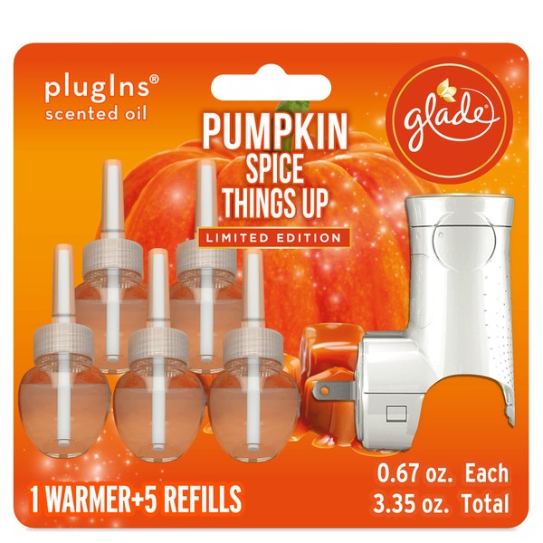 Glade PlugIns Refills Air Freshener Starter Kit, Scented and Essential Oils for Home and Bathroom, Pumpkin Spice Things Up, 3.35 Fl Oz, 1 Warmer + 5 Refills