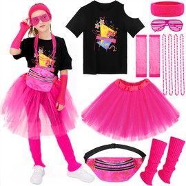SOMSOC 13 Pieces Girls 80s Outfit for Kids Halloween Costume Accessories Set for Cosplay 1980s Party