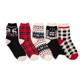 MUK LUKS Women's 5 Pack Heat Retainer Sock, Black/Red, OS (6-11)