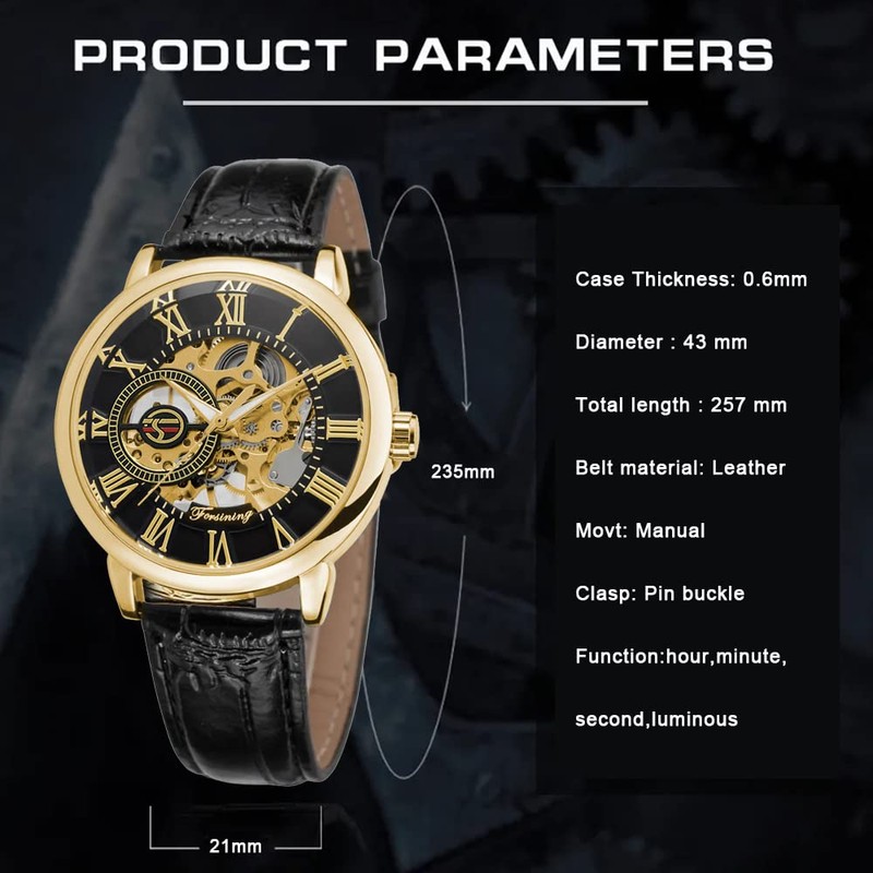 Dentily Classic Mechanical Hand-Wind Watch Men's Skeleton Watch Leather Strap