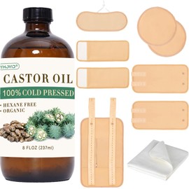 10 Pcs Castor Oil Pack Wrap, Castor Oil Organic Cold Pressed Unrefined Glass Bottle for Liver Detox, Stomach, Neck, Knee, Foot & Entire Body, Organic Cotton Reusable Pads Kit for Hot/Cold Compress
