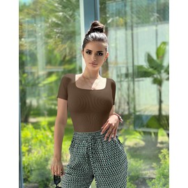 OQQ Women's 2 Piece Bodysuits Sexy Ribbed One Piece Square Neck Short Sleeve Bodysuits Black Coffee