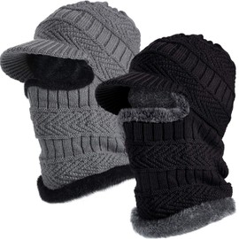 2 Pieces Knitted Balaclava Beanie Hat Winter Neck Warmer Protective Knit Hat Warm Balaclava Ski Face Cover Neck Gaiter for Adults Outdoor Sports Black, Grey