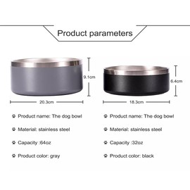 Gteller 32oz 64oz Stainless Steel Double Wall Dog Bowls,BPA Free Non-Slip Pet Dishes,Cat Food&Water Bowl with Rubber Base(64oz, Navy)