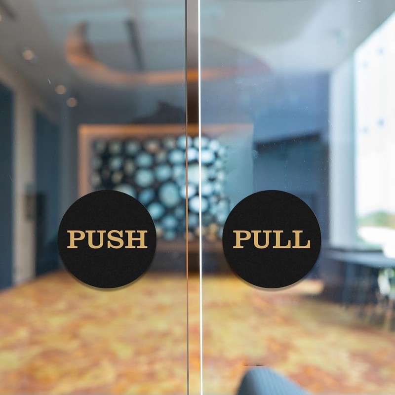 2" Round Push Pull Door Signs (Black) - 2 sets
