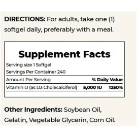 Vitamina D3 5000 UI 125 mg 240 cápsulas blandas Nature's Bounty Eua Imp