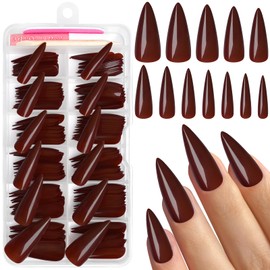 Bellelfin Stiletto Press on Nails, Burgundy Stiletto Fake Nails Glossy Long Acrylic Nails Press ons Solid Color Full Cover False Nails for Women Girls,120Pcs