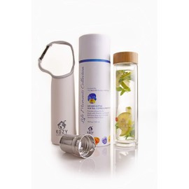 Glass tumbler for warm and cold water By Kozy Kitchen- Double glass wall- Equipped with steel infuser and strainer for loose leaf, tea,coffee or fruit water (White Sleeve/Le Petit Prince)