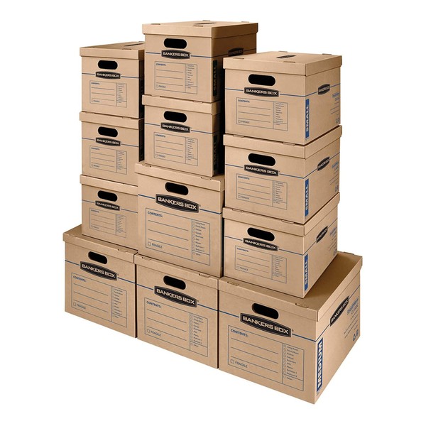 Bankers Box SmoothMove Classic Tape-Free Moving Boxes, Storage Boxes With Lids and Easy Carry Handles, Assorted, 12 Pack (7716401)