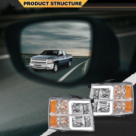 CNNELL LED DRL Tube Headlights w/o Bulb Compatible with Chevy Silverado 1500 2007-2013/Silverado 2500 HD 3500 HD 2007-2014 Clear Lens Chrome Housing Clear Reflector 22853027 GM2503280