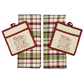 Fall Autumn Thanksgiving Kitchen Gift Set: Two Hand Towels and Two Matching Pot Holders Family Sentiments of Love and Thanks