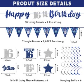 Blue Silver 16th Birthday Decorations for Boys Girls, Happy 16th Birthday Banner Stars Sixteen Hanging Swirls Hello 16 Bday Decor Party Supplies Sign