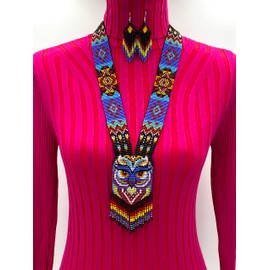 Native Tribal Style Long Statement Beaded Necklace for Women Handmade (Black Purple Owl)