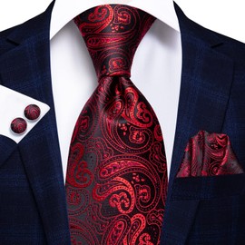 Hi-Tie 63" 70" Ties for Men Silk Extra Long Mens Ties Set and Pocket Square Cufflinks Paisley Necktie Business Wedding, Sixty Three Inch Red Black, Large
