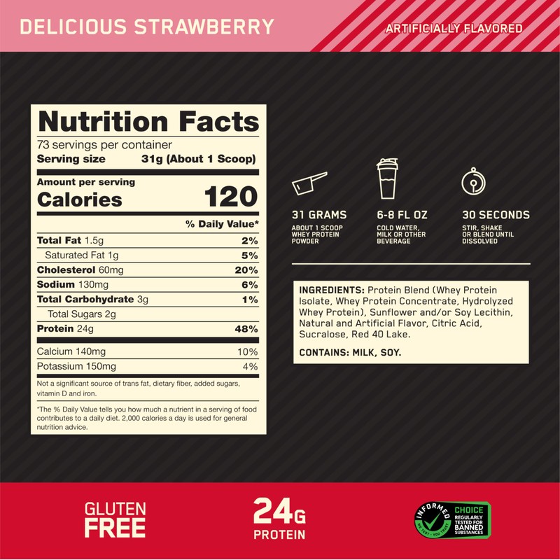 Optimum Nutrition Gold Standard 100% Whey Protein Powder, Delicious Strawberry,