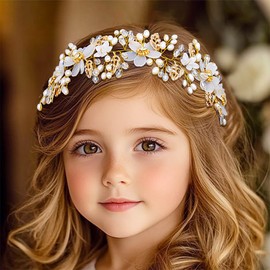 Campsis Leaf Flower Girls Headpiece Gold Rhinestone Headband Pearl Princess Wedding Hair Band for Women and Girls