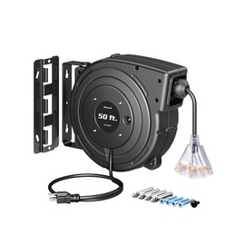 DEWENWILS Retractable Extension Cord Reel, 50FT Heavy Duty Power Cord, 14/3AWG SJTOW, Lighted Triple Tap Outlets, 13 Amp Circuit Breaker, Ceiling/Wall Mount, UL Listed