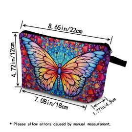 YULUENZE Butterfly Present Stained Glass Butterfly Makeup Bag Cute Small Organizer Bag with Zipper Cathedral Colorful Butterfly Cosmetic Bag Birthday Present for Butterfly Lovers Women