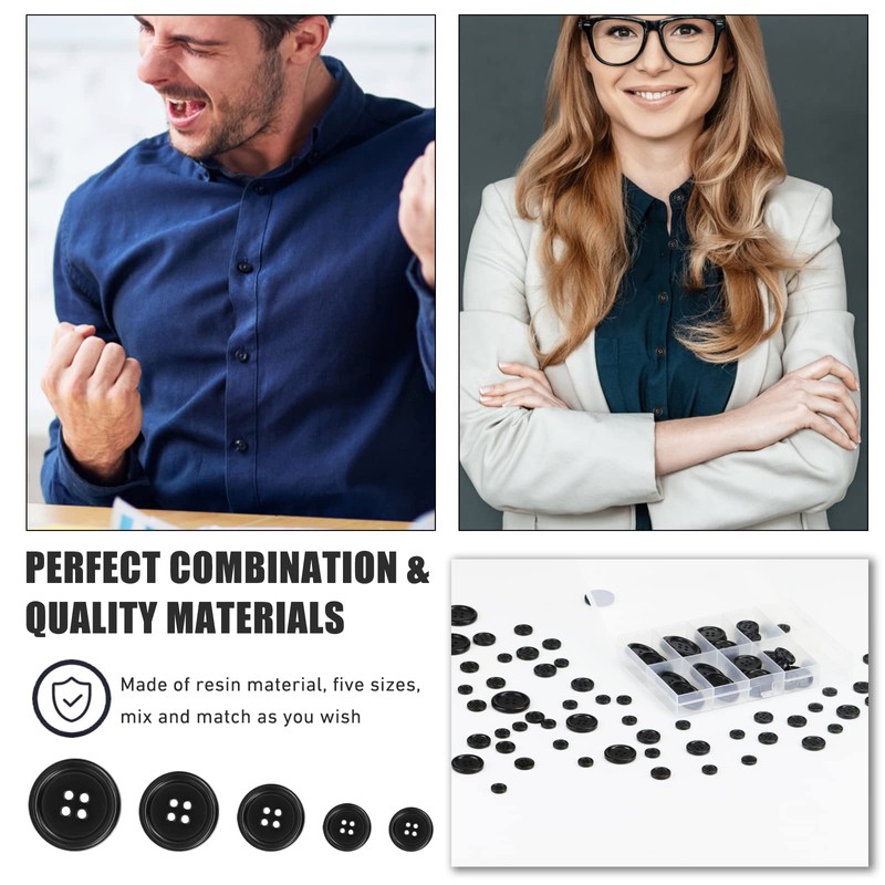 100 Pcs Black Resin Sewing Buttons, 4-Hole Craft Suit Coat