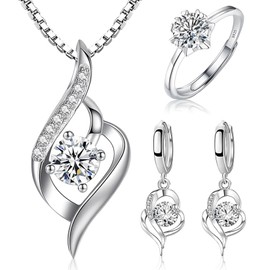 Collares para Mujer：Juego Collar Aretes de Mujer Plata de Ley 925 con para Regalo Cadena 46cm Longitud y Anillo-Romántico Regalo Mamá Esposa Boda,Estilos joyería (01)