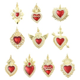 Ipotkitt - 10 dijes de corazón de circonia cúbica de latón con esmalte de alas de corazón asustadas para bricolaje, joyas, collares, arete, llaveros, bolsos, manualidades