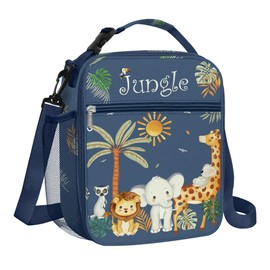 Clastyle Blue Jungle Animal Insulated Lunch Bag for Kids, Portable Large Thermal Cooler Lunch Bag for Boys, School Lunch Box Bag with Bottle Holder