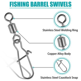 VATEICO Rolling Swivel Snaps,45pcs Kit High Strength Fishing Snap Swivels Stainless Steel Safety Duo-Lock Snaps Corrosion Resistance Barrel Swivel Lure Connector for Saltwater Freshwater Mix Size