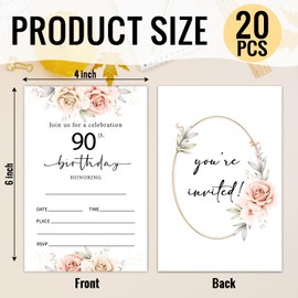 HQLOW 20PCS 90th Birthday Invitations for Women, Double-Sided Invitations with Envelopes, Party Invitation, Birthday Party Supplies -09