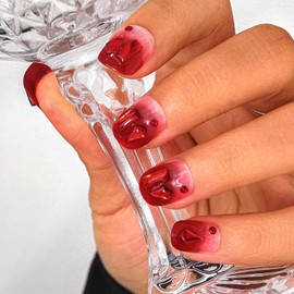 Sethexy Red Rhinestone Handmade Fake Nail 3D Crystals Short Square False Nails Gradient Acrylic Press on Nail Salon Durable Nails for Women and Girls 10PCS(P)