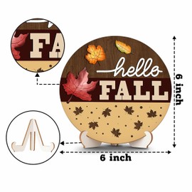 Hello Fall Wooden Sign Decor with Stand, Maple Leaves Table Signs for Autumn Desk Centerpieces, Thanksgiving Wood Decorations for Home Room Kitchen Tabletop Decor -A06