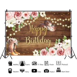 7x5ft Cowgirl Birthday Backdrop Rustic Wooden Western Theme Women Girls Birthday Party Photography Background Pink Flowers Wild West Birthday Decorations Portraits Banner Photo Studio Props