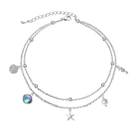 Shell Seashell Starfish Created Abalone Seahorse Ankle Bracelet Anklet Beach 925 Sterling Silver Adjustable Layered Dainty Foot Summer Cute Chain Jewelry for Women 10 inches