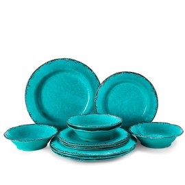 LEHAHA 12 Piece Vintage Melamine Dinnerware Sets Include 4 Dinner Plates, 4 Salad Plates and 4 Bowls Service for 4, Unbreakable Farmhouse Dishes and Bowls Suitable for Indoor and Outdoor Use Teal