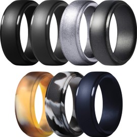 ThunderFit Silicone Rings for Men, Step Edge - 10mm Wide - 2.5mm Thick (Black, Very Dark Grey, Dark Blue, Black Gray Camo, Camo Sand, Dark Metal, Silver - Size 7.5-8 (18.2mm))