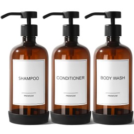 GMISUN Plastic Shampoo and Conditioner Dispenser with Silicone Sleeves, 21 oz Amber Shower Soap Dispenser Bottles with Labels, Refillable Shampoo Conditioner Body Wash Dispensers Set of 3