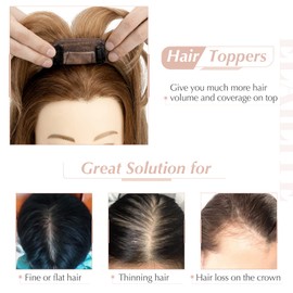 Elailite Hair Topper, Real Hair, Toupee Women's with Long Fringe, Clip-In Hairpiece, Hair Topper Base 7 x 13 cm, 45 cm, #6 Light Brown