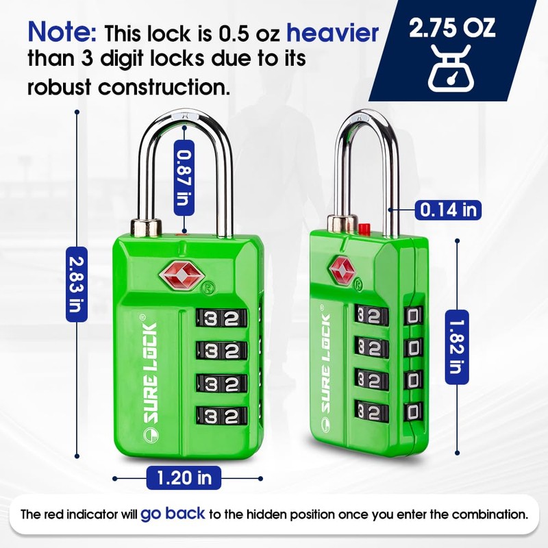 SURE LOCK TSA Approved 4-Digit Resettable Combination Luggage Locks with