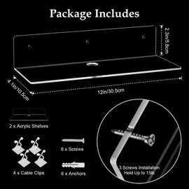 PuzFun 12" Clear Acrylic Floating Shelves, 2 Pack Wall Shelf with Cable Clips, Small Floating Shelf for Expand Wall Display Space for Living Room, Bathroom, Gaming Room, Dorm Wall Decor