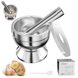 MeoZynxadril Stainless Steel Mortar and Pestle, 10 cm Household Pestle and Mortar Bowl, Mortar and Pestle for Garlic, Non-Slip Multi-Purpose Pestle and Mortar, for Grinding, Crushing, Silver