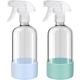 Glass Spray Bottles with Silicone Sleeves (2 Pack, 16 oz), Mist and Stream Empty Refillable Containers, Water Sprayer Misting Bottle for Cleaning Solutions, Planting, Hair Spraying, Green & Grey