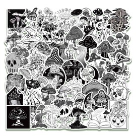 50PCS Black & White Gothic Stickers-Mushroom Edition, Spooky Elements for Dark Aesthetic Lovers