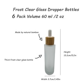 BEECO GIF2U Frosted Glass Dropper Bottles 60ml/2 oz 6 PACK,Essential Oil Bottles With Eye Dropper And Bamboo Lids Perfume Sample Vials Essence Liquid Cosmetic Containers