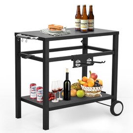 Garvee Grill Cart, Pizza Oven Stand, BBQ Prep Table with Wheels & Hooks, Side Handle, Double-Shelf Grilling Cart Tabletop Griddle Cooking Station for Bar, Patio, Camping, Home (Black)
