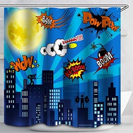 Superhero Shower Curtain for Boys Girls Kids, Building Cityscape City,Yellow Moon Cartoon Boom Skyline Evening Scene Blue Decor Fabric Polyester Waterproof 12 Hooks 60x72 inches