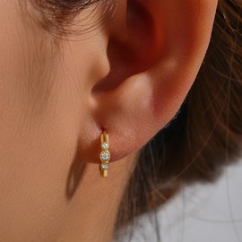 CERSLIMO Gold Creole Earrings 3 Round AAA Zirconia 9 mm Silver 925 Gold-Plated Silver Earrings Small Jewellery for Men and Women, Cubic Zirconia