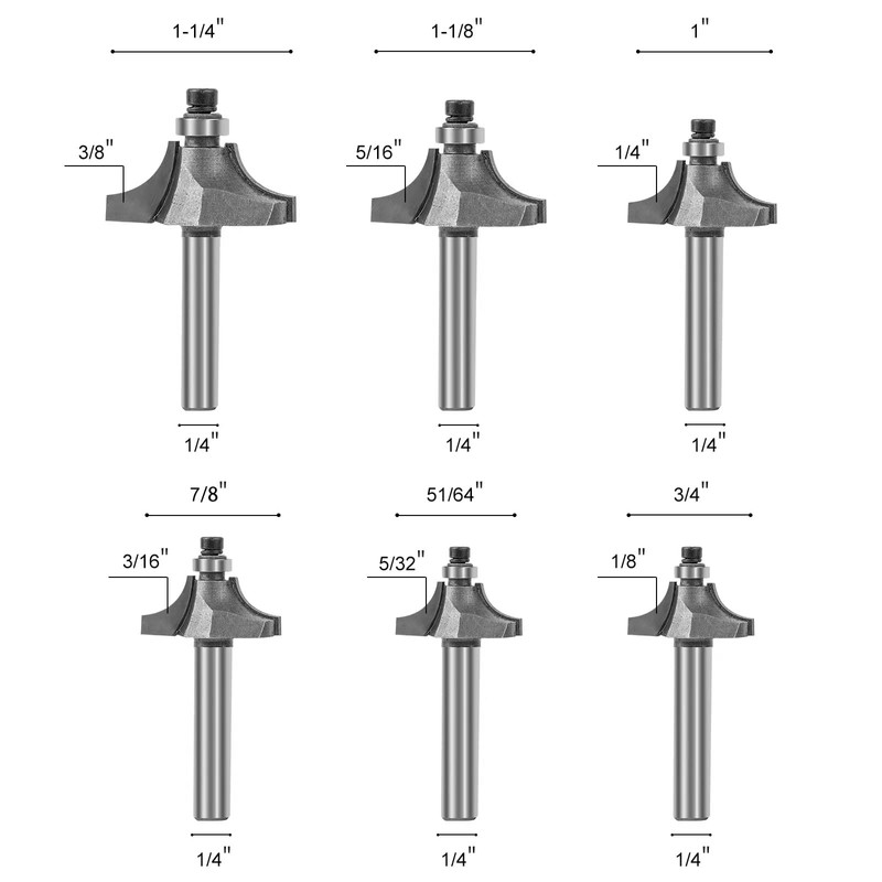 Yueqing Zhongji 6pcs Roundover Router Bits Set 1/4 Shank with